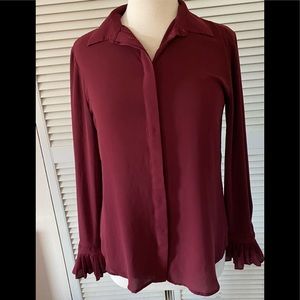 LOFT Burgundy Ruffled Long Sleeve Button Down Blouse Top